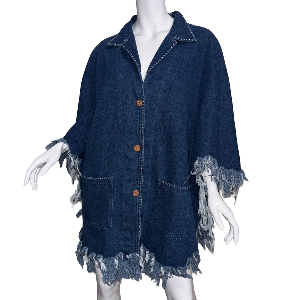 Vintage Fortune by Stan Frayed Oversized Rhinestone Denim Poncho Festival Boho